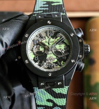New Copy Hublot Big Bang Unico OS Quartz Openworked Dial Green Camouflage Strap